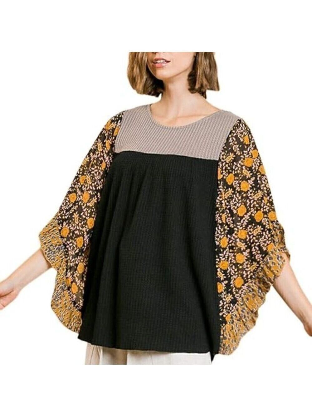 Umgee Women's Floral Mixed Print Black and Brown Waffle Knit Top Size Small